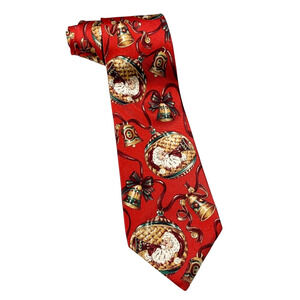 American Traditions Red Christmas Ornament Necktie 100% Italian Silk Santa 60”